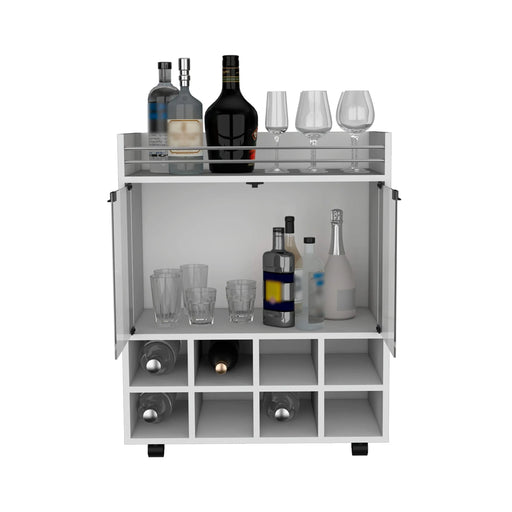 St Andrews Bar Cart with Built-In 8-Bottle Rack, Double Glass Door Cabinet, and Aluminum-Edged Top Surface Default -DTYStore