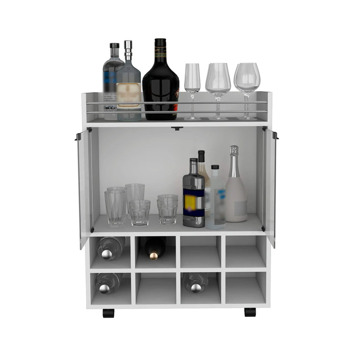 St Andrews Bar Cart with Built-In 8-Bottle Rack, Double Glass Door Cabinet, and Aluminum-Edged Top Surface Default -DTYStore