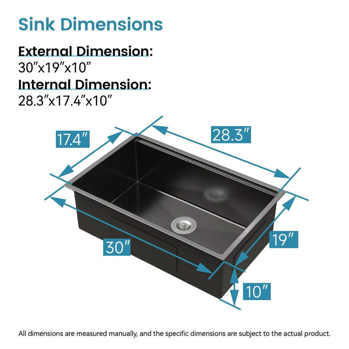 Stainless Steel Kitchen Sink, 30″x19″ Single Bowl, Undermount Handmade Sink in Black, with Cutting Board, Colander - DTY Store