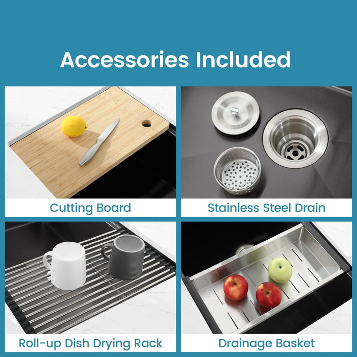 Stainless Steel Kitchen Sink, 30″x19″ Single Bowl, Undermount Handmade Sink in Black, with Cutting Board, Colander - DTY Store