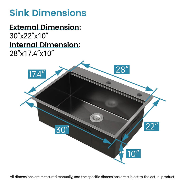 Stainless Steel Kitchen Sink, 30″x22″ Single Bowl, Overmount Handmade Sink in Black, with Cutting Board, Colander- DTY Store