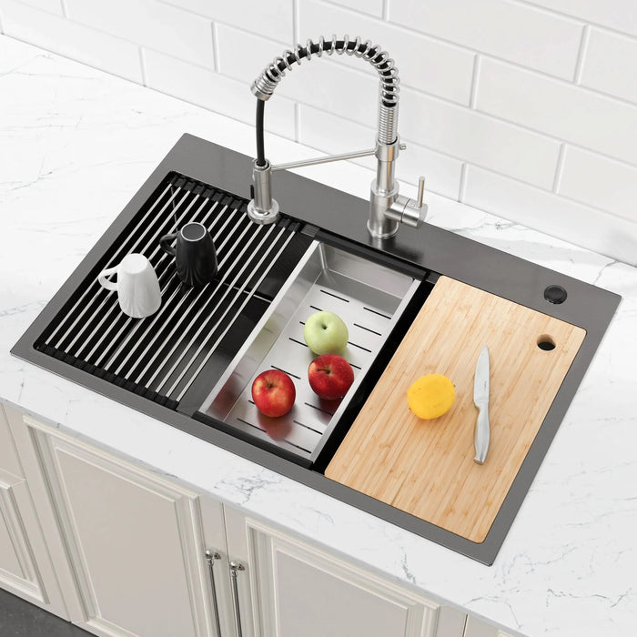 Stainless Steel Kitchen Sink, 30″x22″ Single Bowl, Overmount Handmade Sink in Black, with Cutting Board, Colander - DTY Store