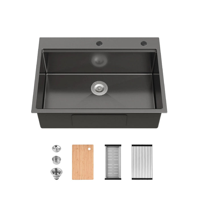 Stainless Steel Kitchen Sink, 30″x22″ Single Bowl, Overmount Handmade Sink in Black, with Cutting Board, Colander - DTY Store