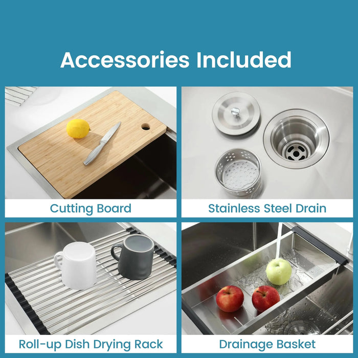 Stainless Steel Kitchen Sink, 30″x22″ Single Bowl, Overmount Handmade Sink in Brushed, with Cutting Board, Colander - DTY Store