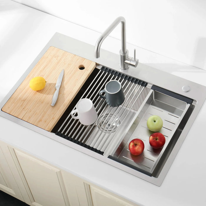 Stainless Steel Kitchen Sink, 30″x22″ Single Bowl, Overmount Handmade Sink in Brushed, with Cutting Board, Colander - DTY Store