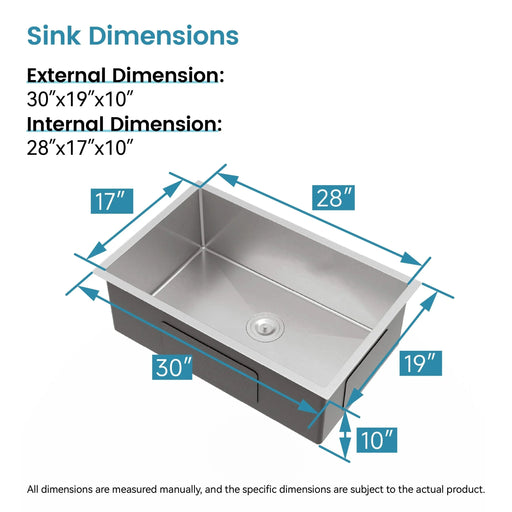 Stainless Steel Kitchen Sink, 30″x19″ Drop In Single Bowl, Undermount Handmade Sink in Brushed Nickel, with US Standard Drain and Hook, LS-SSBR05 Default -DTYStore