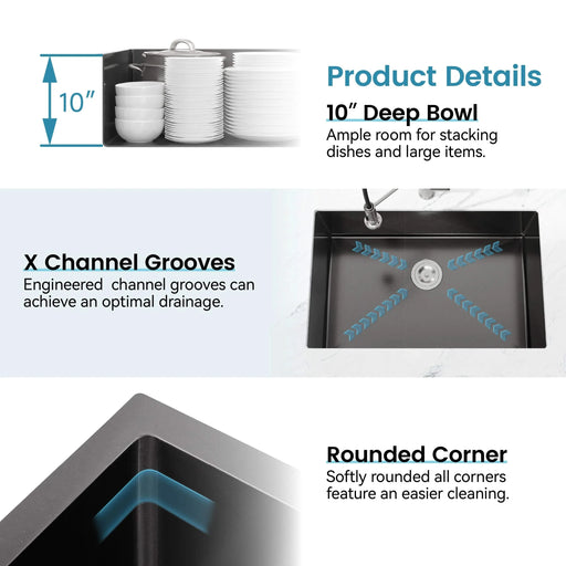 Stainless Steel Kitchen Sink, 30″x19″ Single Bowl, Undermount HandmadeSink in Black, with US Standard Drain and Hook, SS-BL-05 Default -DTYStore