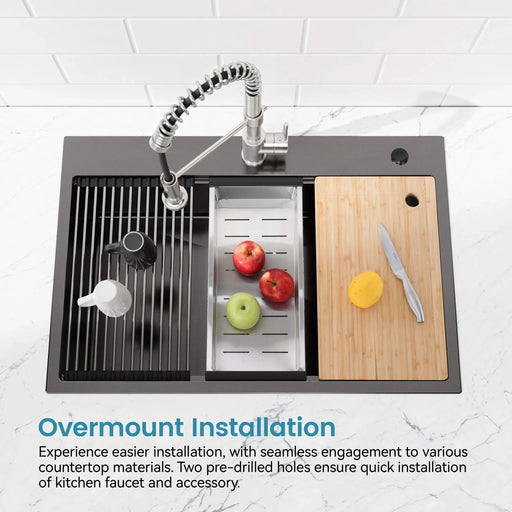 Stainless Steel Kitchen Sink, 30″x22″ Single Bowl, Overmount Handmade Sink in Black, with Cutting Board, Colander Default -DTYStore