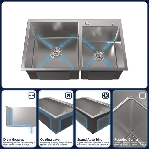 Stainless Steel Kitchen Sink, 32″x19″ Double Bowl in Brushed Nickel, Overmount Handmade Sink, with US Standard Drain and Hook, LS-SSBR03 Default -DTYStore