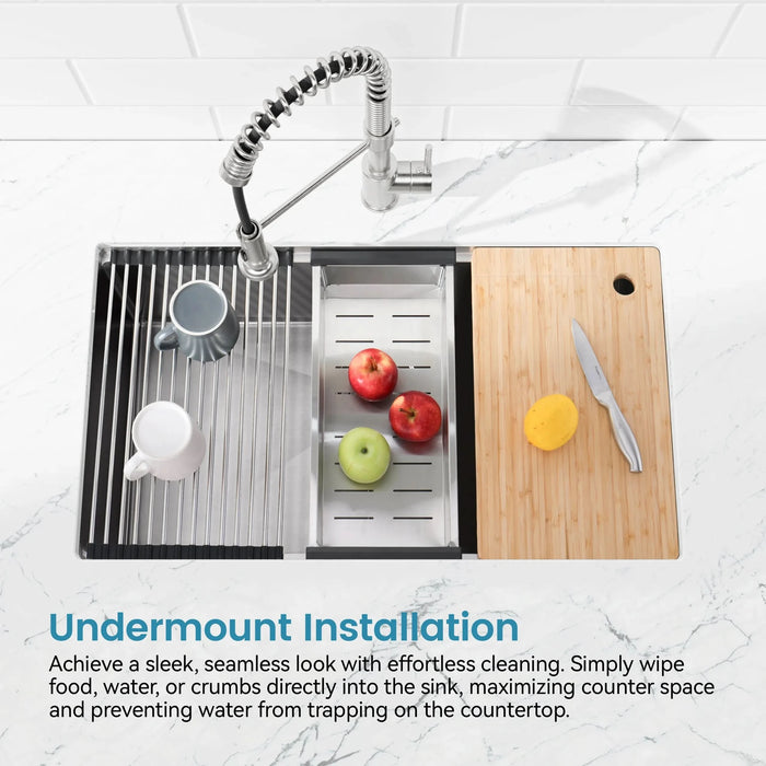 Stainless Steel Kitchen Sink, 33″x19″ Single Bowl, Undermount Handmade Sink in Dark Gray, with Cutting Board, Colander - DTY Store