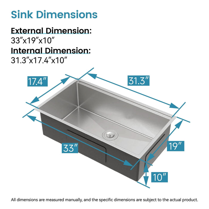 Stainless Steel Kitchen Sink, 33″x19″ Single Bowl, Undermount Handmade Sink in Dark Gray, with Cutting Board, Colander - DTY Store