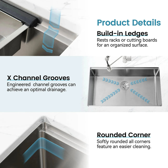 Stainless Steel Kitchen Sink, 33″x19″ Single Bowl, Undermount Handmade Sink in Dark Gray, with Cutting Board, Colander- DTY Store