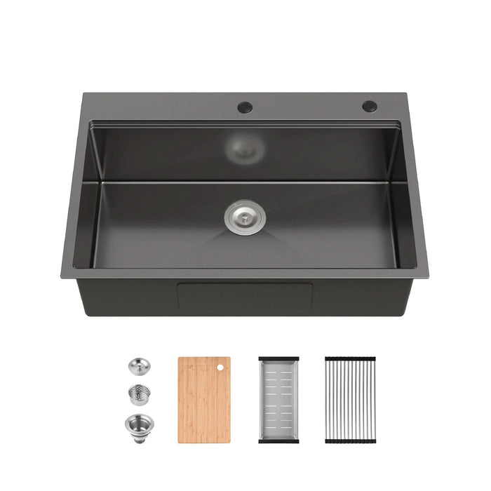 Stainless Steel Kitchen Sink, 33″x22″ Single Bowl, Overmount Handmade Sink in Black, with Cutting Board, Colander - DTY Store