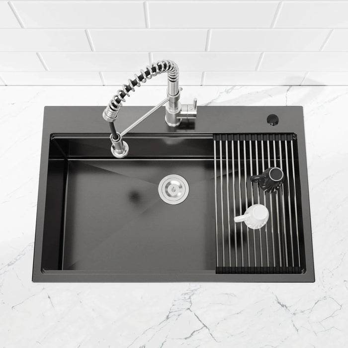 Stainless Steel Kitchen Sink, 33″x22″ Single Bowl, Overmount Handmade Sink in Black, with Cutting Board, Colander - DTY Store