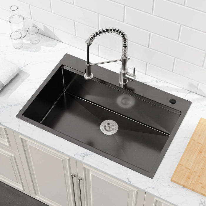 Stainless Steel Kitchen Sink, 33″x22″ Single Bowl, Overmount Handmade Sink in Black, with Cutting Board, Colander - DTY Store
