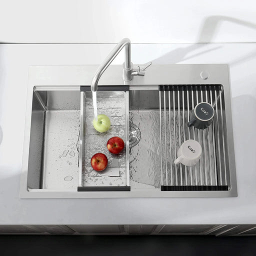 Stainless Steel Kitchen Sink, 33″x22″ Single Bowl, Overmount Handmade Sink in Brushed, with Cutting Board, Colander, Grid, LS-SSBR01 Default -DTYStore