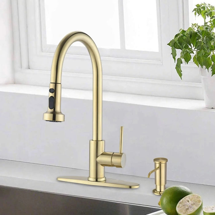 Stainless Steel Pull Down Kitchen Faucet with Soap Dispenser Brushed Gold - DTY Store