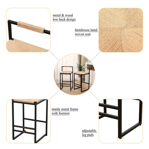 Stylish Set of 2 Bar Stools with Backrest and Paper Rope Woven Seat, Counter Height Dining Chairs for Kitchen, Natural Metal Frame Default -DTYStore