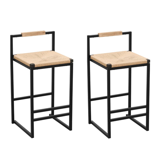 Stylish Set of 2 Bar Stools with Backrest and Paper Rope Woven Seat, Counter Height Dining Chairs for Kitchen, Natural Metal Frame Default -DTYStore