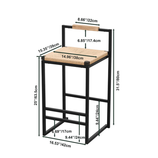 Stylish Set of 2 Bar Stools with Backrest and Paper Rope Woven Seat, Counter Height Dining Chairs for Kitchen, Natural Metal Frame Default -DTYStore