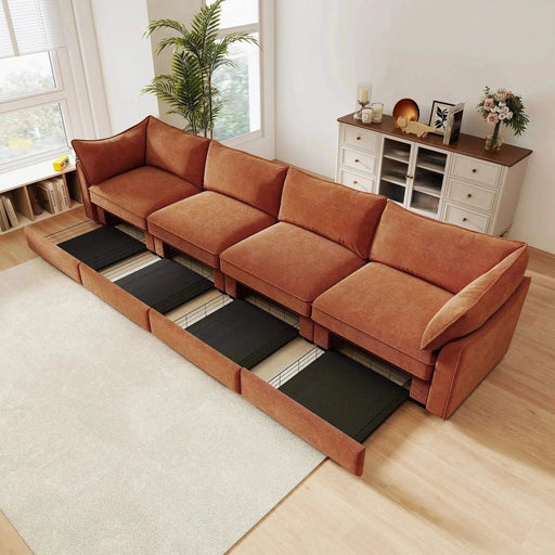 Super Large Wide and Deep Seat Sofa Couch for 4 Persons, 4 Seater Sofa with Storage Pull out Drawer Under Each Seat, Chenille Orange -DTYStore