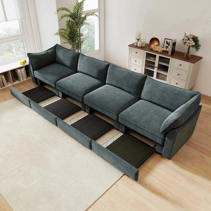 Super Large Wide and Deep Seat Sofa Couch for 4 Persons, 4 Seater Sofa with Storage Pull out Drawer Under Each Seat, Chenille Gray -DTYStore