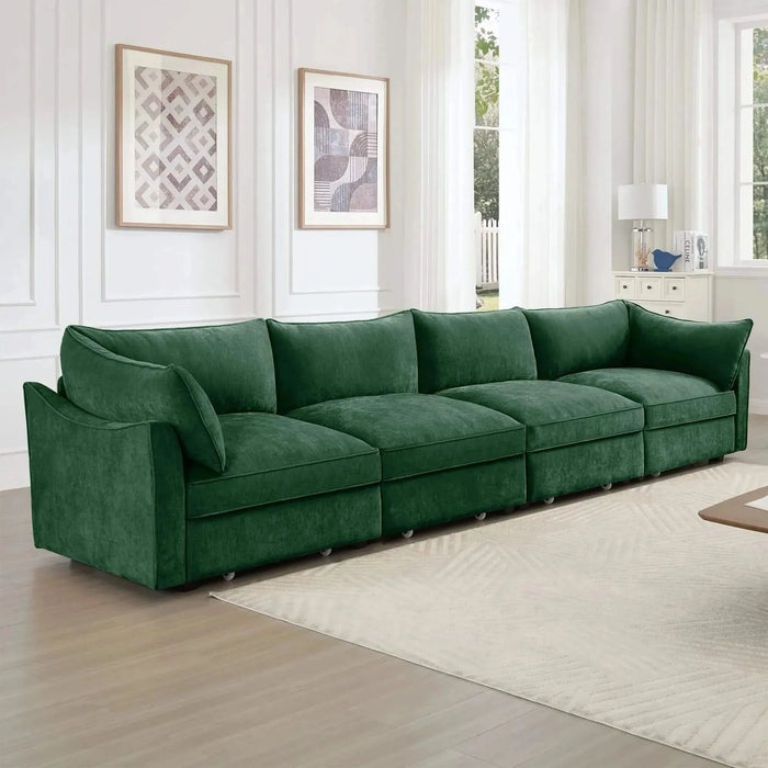 Super Large Wide and Deep Seat Sofa Couch for 4 Persons, 4 Seater Sofa with Storage Pull out Drawer Under Each Seat, Chenille Green -DTYStore