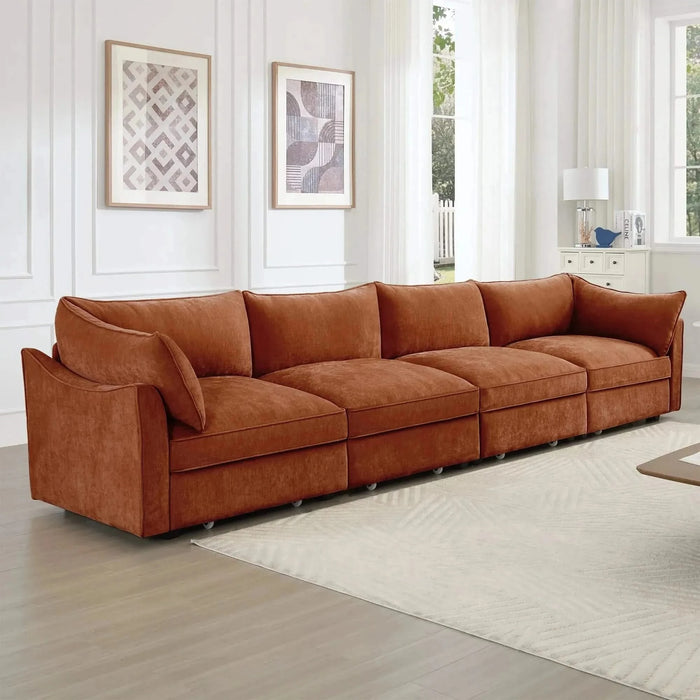 Super Large Wide and Deep Seat Sofa Couch for 4 Persons, 4 Seater Sofa with Storage Pull out Drawer Under Each Seat, Chenille Orange -DTYStore