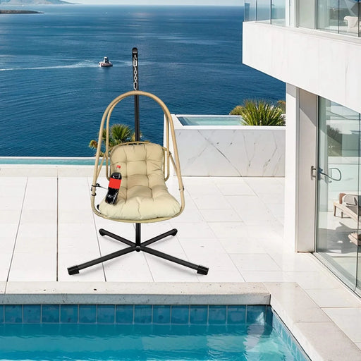 Swing Egg Chair with Stand Indoor Outdoor Wicker Rattan Patio Basket Hanging Chair with C Type bracket , with cushion and pillow,Patio Wicker folding Hanging Chair( Special construction cup holder Default -DTYStore