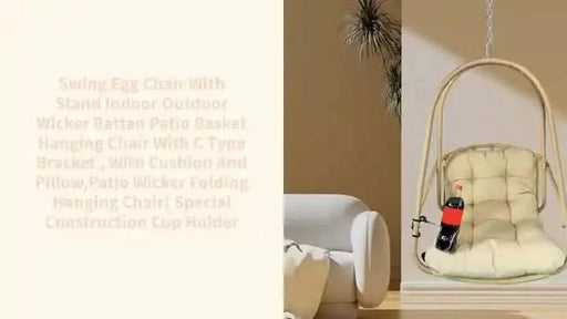Swing Egg Chair with Stand Indoor Outdoor Wicker Rattan Patio Basket Hanging Chair with C Type bracket , with cushion and pillow,Patio Wicker folding Hanging Chair( Special construction cup holder Default -DTYStore