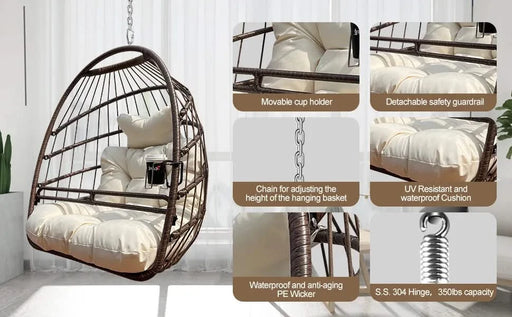 Swing Hammock Egg Basket Chairs Without Stand Indoor Outdoor, UV Resistant Cushion Hanging Chair, Foldable Frame 350lbs Capacity Ceiling Hammock Chair for Patio Porch Backyard Balcony Default -DTYStore