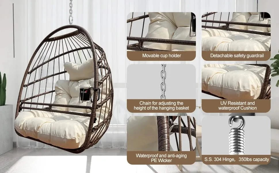Swing Hammock Egg Basket Chairs Without Stand Indoor Outdoor, UV Resistant Cushion Hanging Chair, Foldable Frame 350lbs Capacity Ceiling Hammock Chair for Patio Porch Backyard Balcony Default -DTYStore