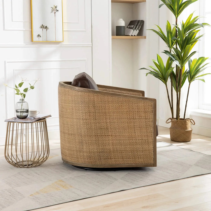 Swivel Barrel Chair, Comfy Round Accent Sofa Chair for Living Room, 360 Degree Swivel, Brown Boucle, Leather Upholstery Default -DTYStore