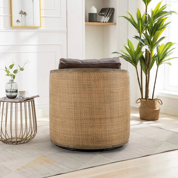 Swivel Barrel Chair, Comfy Round Accent Sofa Chair for Living Room, 360 Degree Swivel, Brown Boucle, Leather Upholstery Default -DTYStore