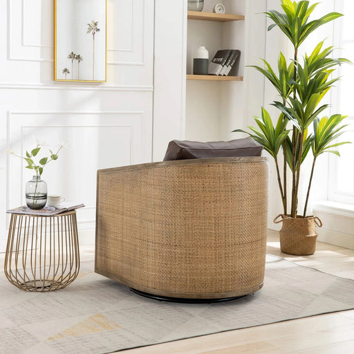 Swivel Barrel Chair, Comfy Round Accent Sofa Chair for Living Room, 360 Degree Swivel, Brown Boucle, Leather Upholstery Default -DTYStore