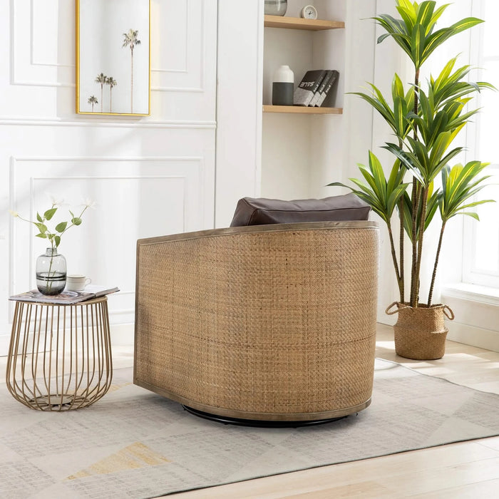 Swivel Barrel Chair, Comfy Round Accent Sofa Chair for Living Room, 360 Degree Swivel, Brown Boucle, Leather Upholstery Default -DTYStore