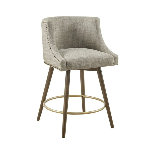 Swivel Counter Stool with Antique Bronze Detailing in Beige Tweed and Walnut Wood, 22x22x36.5 Inches Default -DTYStore