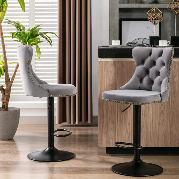 Swivel Velvet Barstools Adjusatble Seat Height from 25-33 Inch,17.7 inch base, Modern Upholstered Bar Stools with Backs Comfortable Tufted for Home Pub and Kitchen Island,Gray,Set of 2,AS1812GY Default -DTYStore