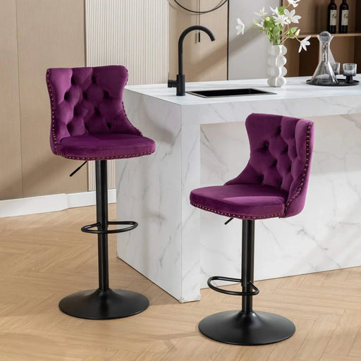 Swivel Velvet Barstools Adjusatble Seat Height from 25-33 Inch,17.7inch base, Modern Upholstered Bar Stools with Backs Comfortable Tufted for Home Pub and Kitchen Island,Purple,Set of 2,SW1812PP Default -DTYStore