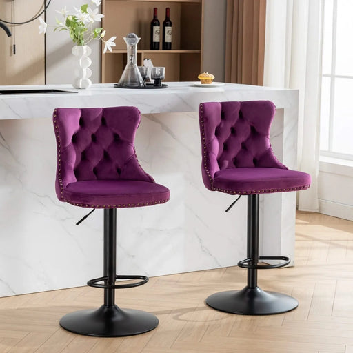 Swivel Velvet Barstools Adjusatble Seat Height from 25-33 Inch,17.7inch base, Modern Upholstered Bar Stools with Backs Comfortable Tufted for Home Pub and Kitchen Island,Purple,Set of 2,SW1812PP Default -DTYStore