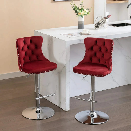 Swivel Velvet Barstools with Adjustable Seat Height, Chrome Base, Tufted Back, Wine Red, Velvet, Set of 2 Default -DTYStore