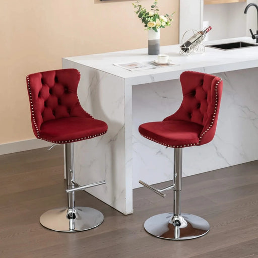 Swivel Velvet Barstools with Adjustable Seat Height, Chrome Base, Tufted Back, Wine Red, Velvet, Set of 2 Default -DTYStore