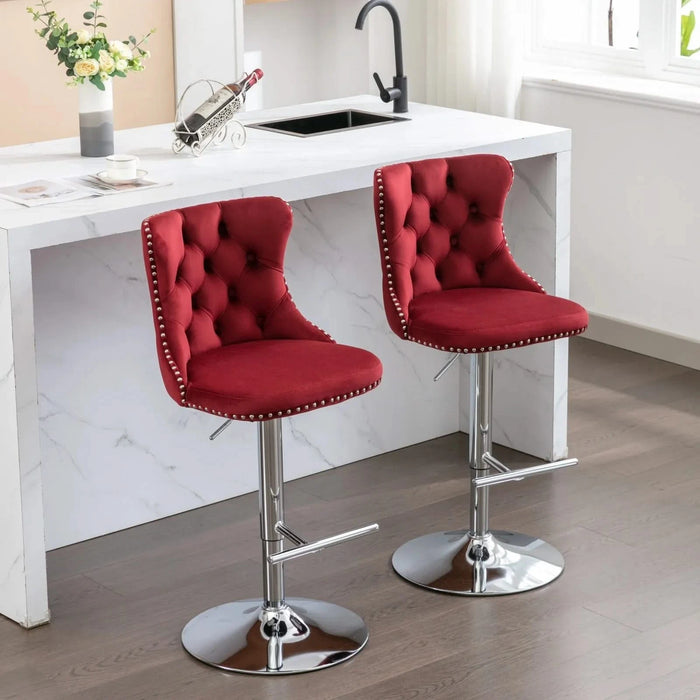 Swivel Velvet Barstools with Adjustable Seat Height, Chrome Base, Tufted Back, Wine Red, Velvet, Set of 2 Default -DTYStore
