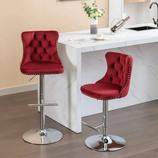 Swivel Velvet Barstools with Adjustable Seat Height, Chrome Base, Tufted Back, Wine Red, Velvet, Set of 2 Default -DTYStore
