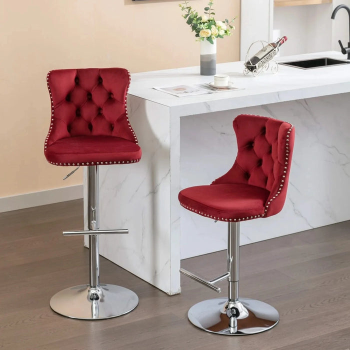 Swivel Velvet Barstools with Adjustable Seat Height, Chrome Base, Tufted Back, Wine Red, Velvet, Set of 2 Default -DTYStore