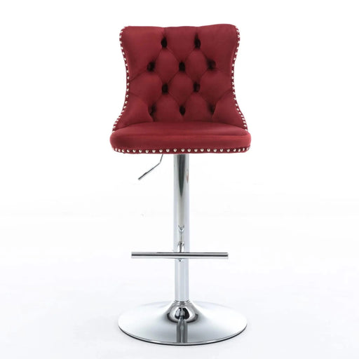 Swivel Velvet Barstools with Adjustable Seat Height, Chrome Base, Tufted Back, Wine Red, Velvet, Set of 2 Default -DTYStore
