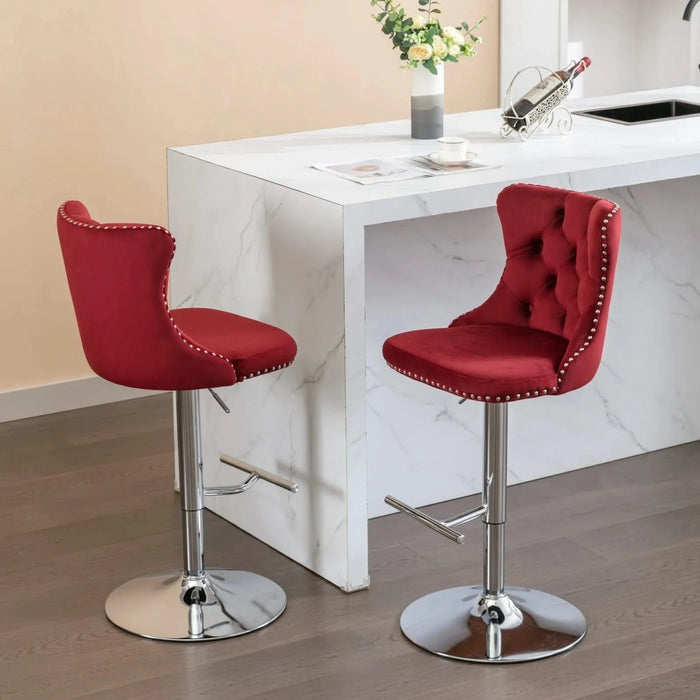 Swivel Velvet Barstools with Adjustable Seat Height, Chrome Base, Tufted Back, Wine Red, Velvet, Set of 2 Default -DTYStore