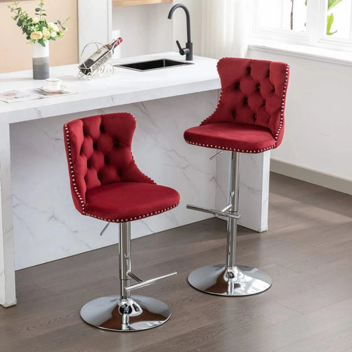 Swivel Velvet Barstools with Adjustable Seat Height, Chrome Base, Tufted Back, Wine Red, Velvet, Set of 2 Default -DTYStore
