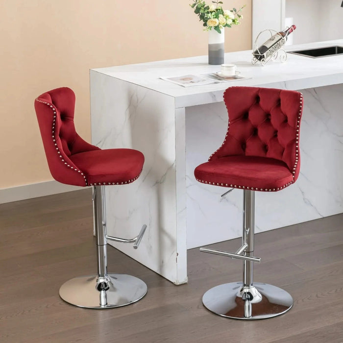 Swivel Velvet Barstools with Adjustable Seat Height, Chrome Base, Tufted Back, Wine Red, Velvet, Set of 2 Default -DTYStore