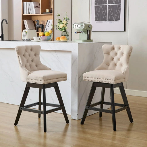 Swivel Velvet Barstools with Button Tufted Decoration and Wooden Legs, and Chrome Nailhead Trim, Leisure Style Bar Chairs,Bar stools, Set of 2 (Beige),SW1860BG Default -DTYStore